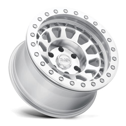 Black Rhino PRIMM Silver W/ Mirror Face Mach Rg wheel showcasing its aggressive concave design and beadlock styling.