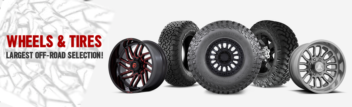 off road wheels and tires on a white background