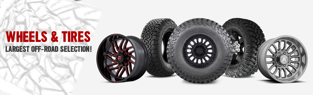 off road wheels and tires on a white background