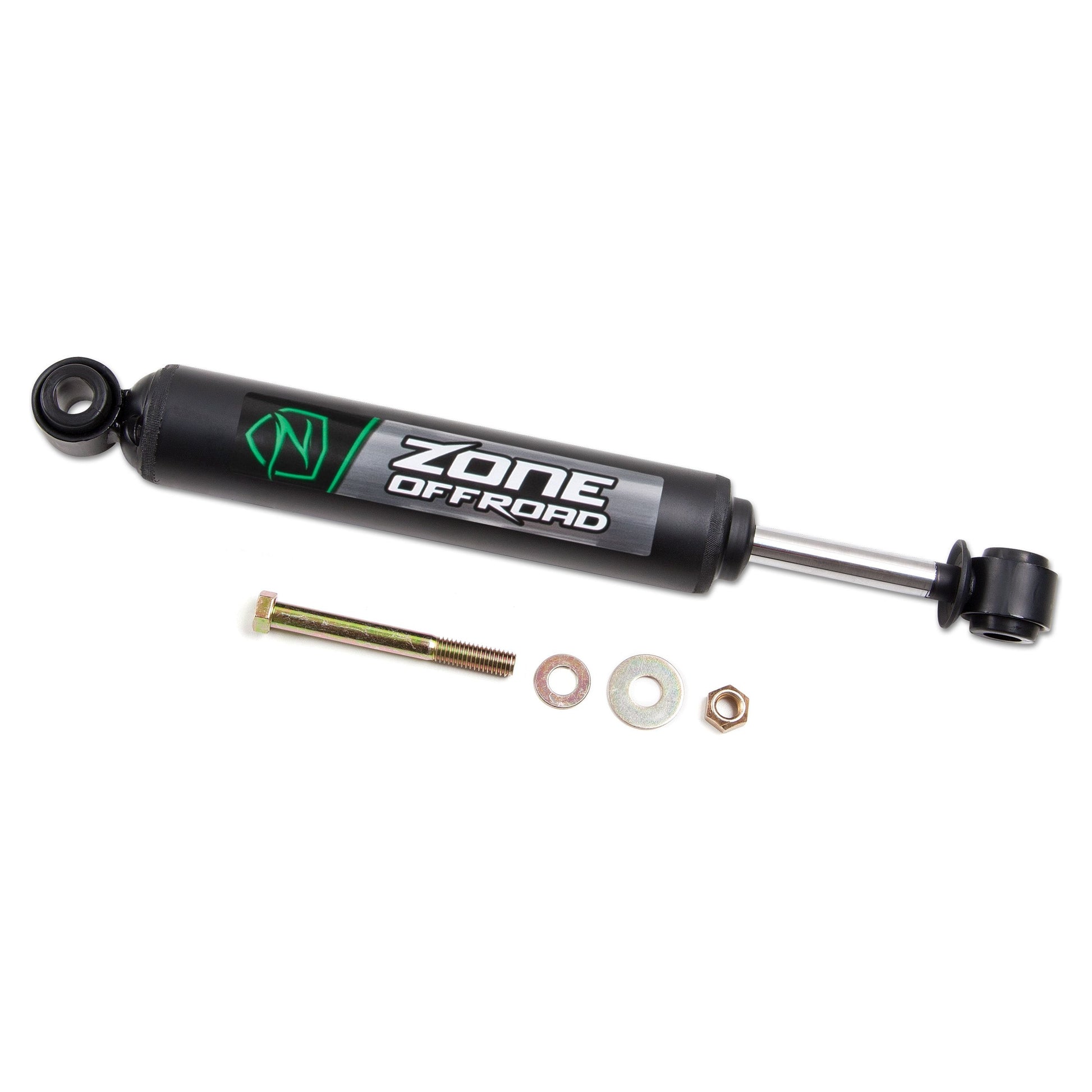 ZONE OFFROAD |  Steering Stabilizer   I ZON7401 with mounting hardware for enhanced vehicle control.
