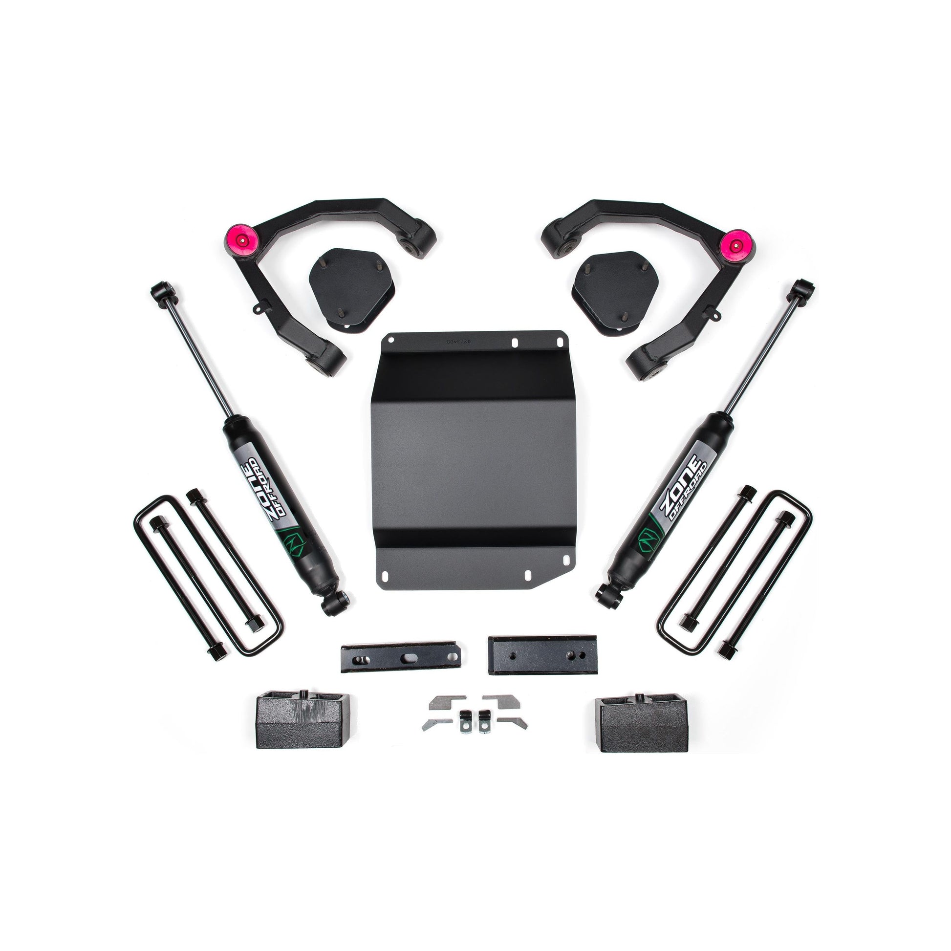 ZONE OFFROAD |  3.5 Inch Lift Kit   I ZONC29F components including shocks, control arms, and installation parts arranged on a white background.