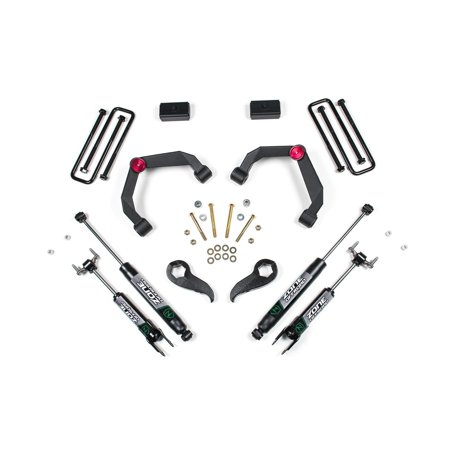 ZONE OFFROAD |  3 Inch Lift Kit   I ZONC37N components including shocks, control arms, bolts and lift blocks.