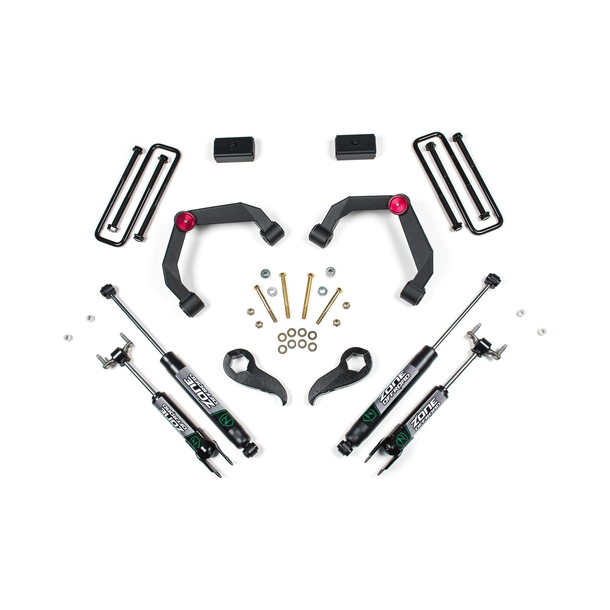 ZONE OFFROAD |  3 Inch Lift Kit   I ZONC37N components including shocks, control arms, bolts and lift blocks.