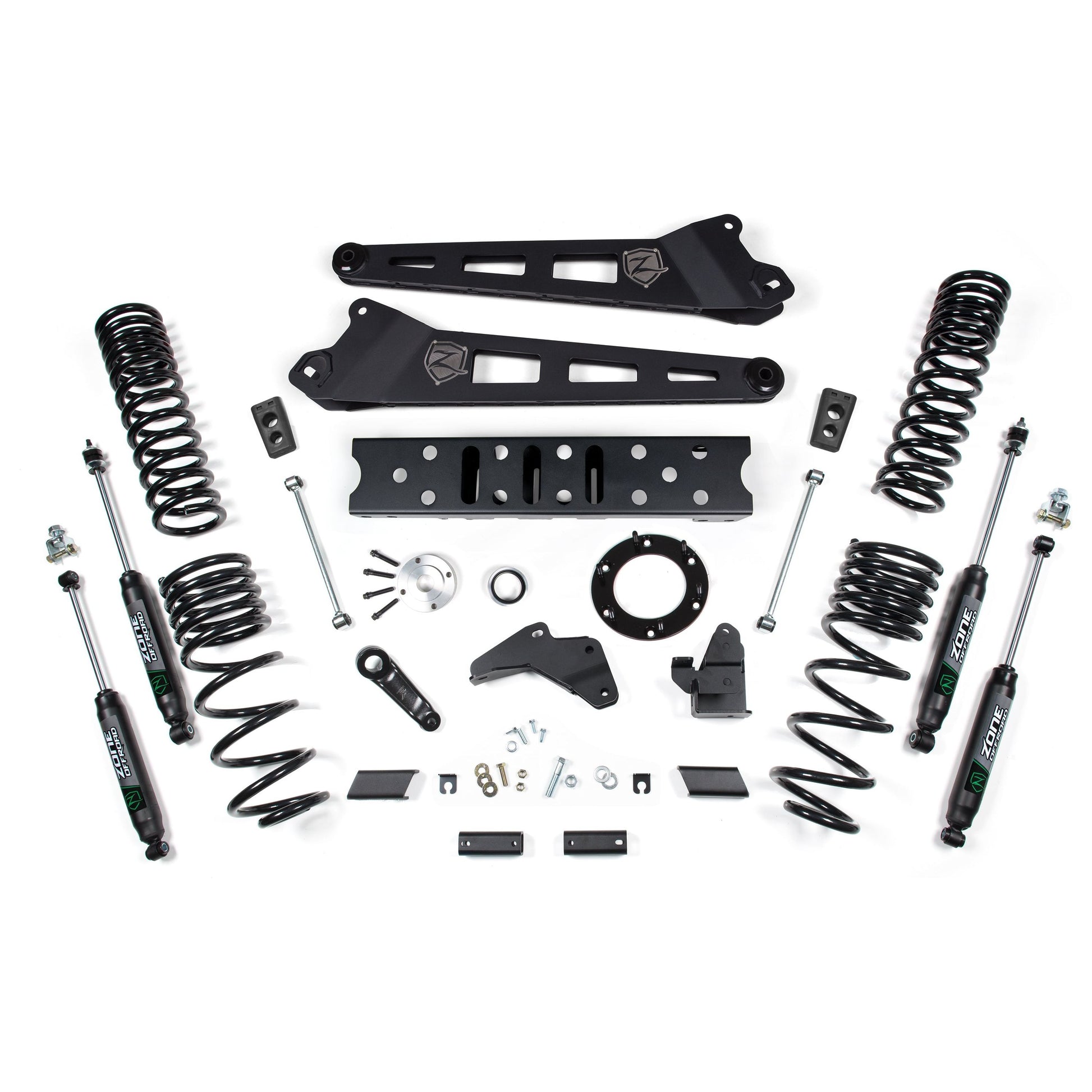 ZONE OFFROAD | 19-24 RAM 2500 5.5 Inch Radius Arm 4.5 Inch Rear Coils Gas 6-Bolt T-Case Fox Adventure Shocks Zone Offroad | ZOND124F lift kit parts and components layout