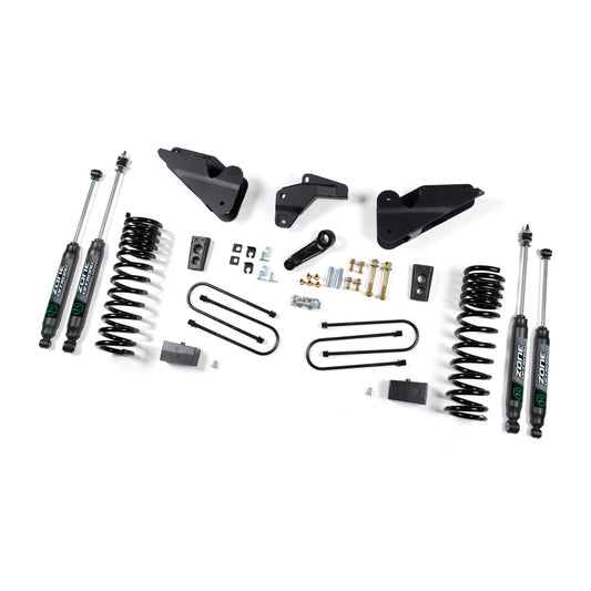 ZONE OFFROAD |  4.5 Inch Lift Kit Diesel  I ZOND135F installation parts, including shocks and coil springs for RAM 3500.