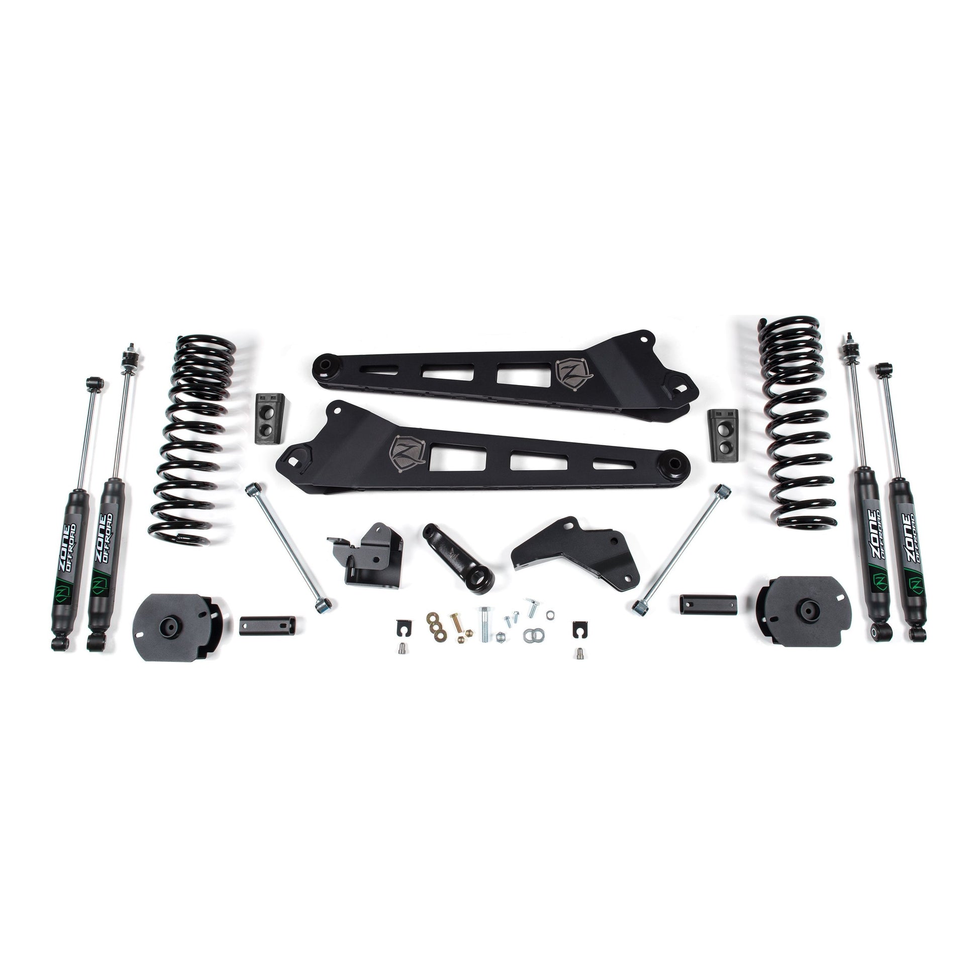 ZONE OFFROAD | 14-18 RAM 2500 4 Inch Replacement Radius Arm Lift Kit Gas With Nitro Shocks Zone Offroad | ZOND63N components in flat lay.