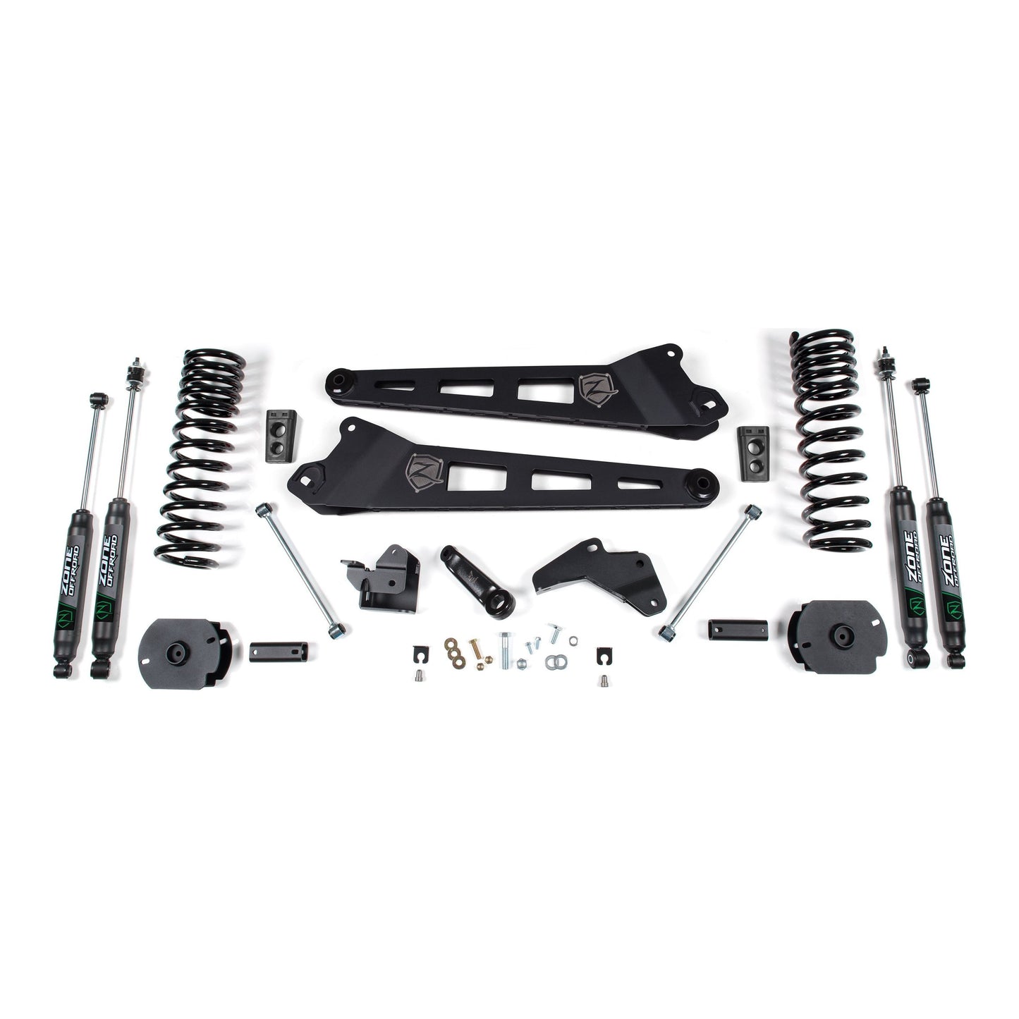 ZONE OFFROAD | 14-18 RAM 2500 4 Inch Replacement Radius Arm Lift Kit Gas Fox Shocks Zone Offroad | ZOND63F components laid out.
