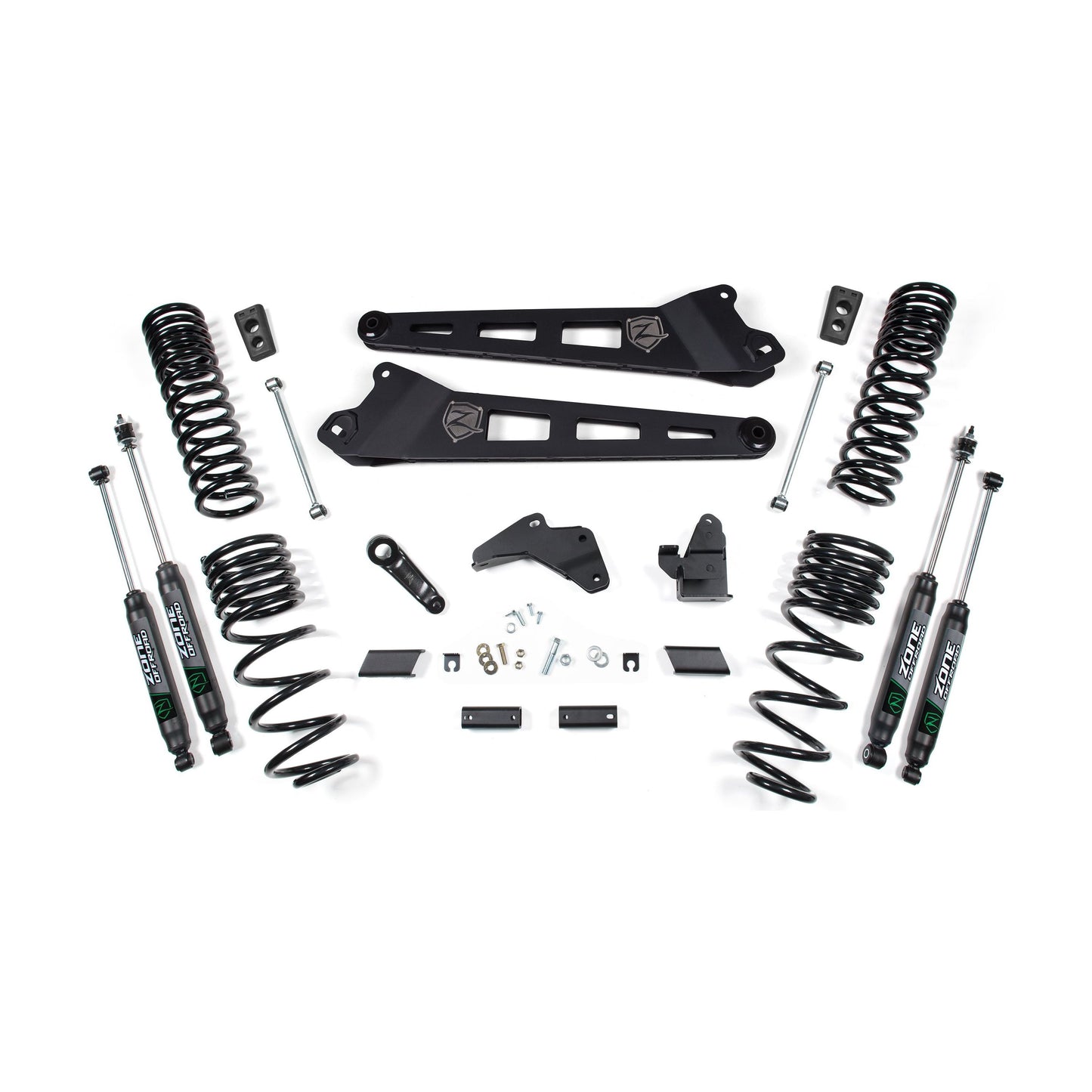 ZONE OFFROAD |  6.5 Inch Lift Kit W/ Radius Arm Diesel  I ZOND58N components laid out for installation, enhancing RAM 2500 performance.