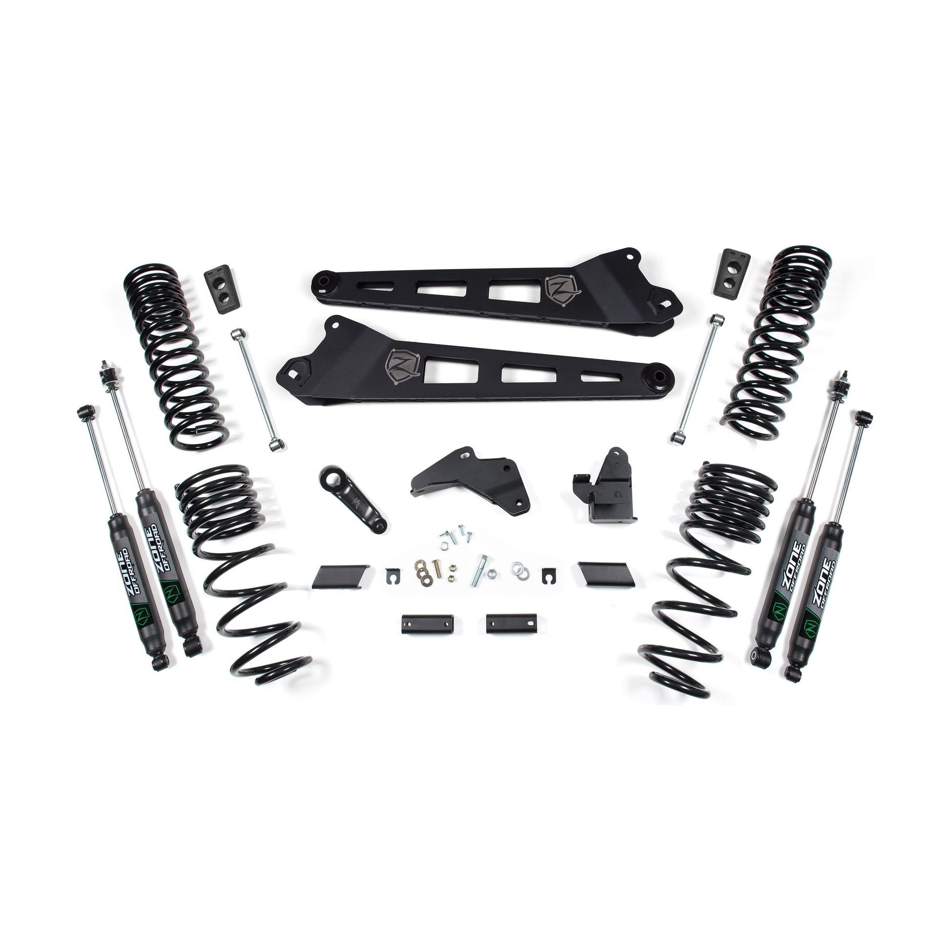 ZONE OFFROAD |  6.5 Inch Lift Kit W/ Radius Arm Diesel  I ZOND58N components laid out for installation, enhancing RAM 2500 performance.