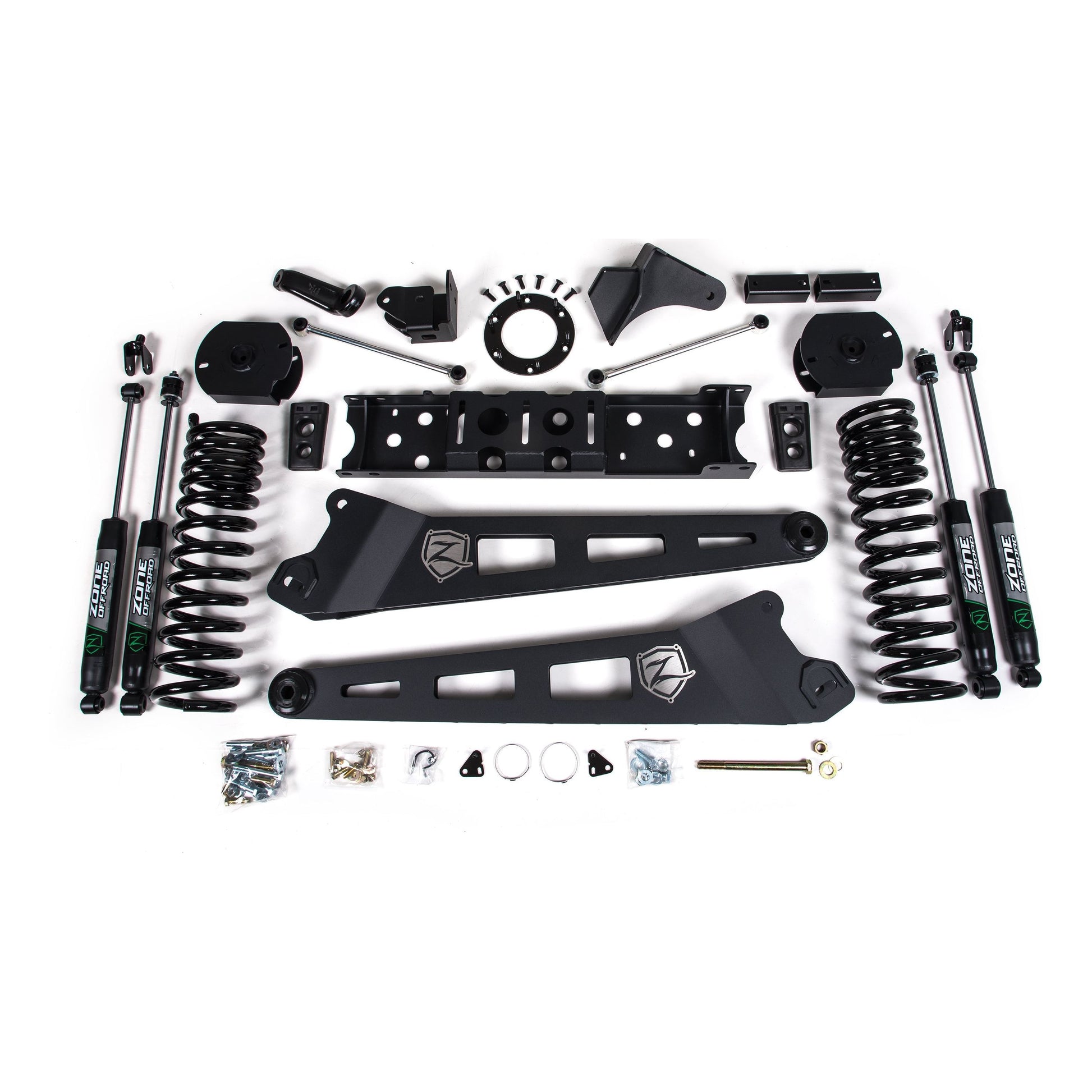 ZONE OFFROAD | 19-24 RAM 2500 4 Inch Radius Arm Gas Nitro Shocks Zone Offroad | ZOND79N complete lift kit components.