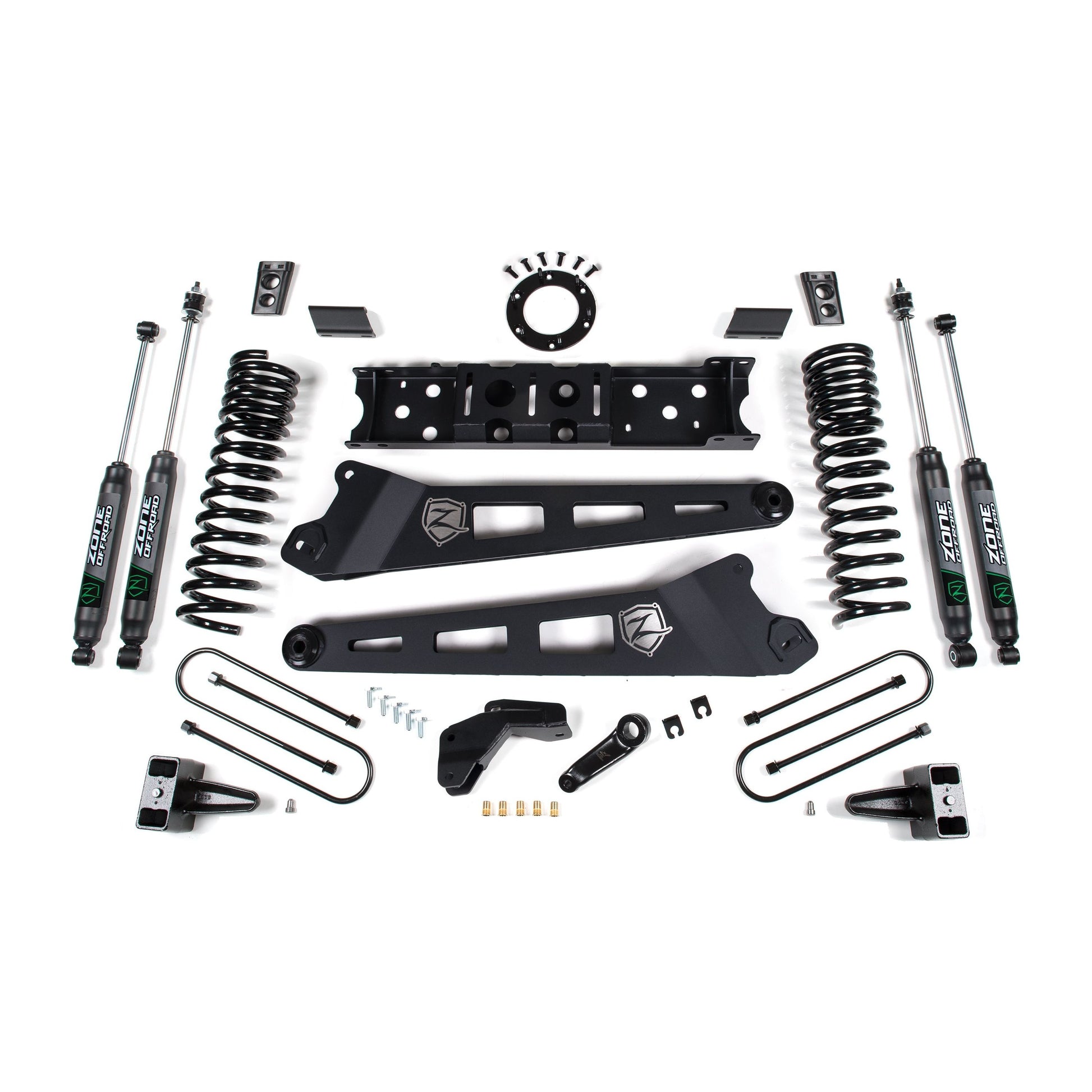 ZONE OFFROAD | 19-24 RAM 3500 4 Inch Radius Arm Gas 3 Inch Rear Block With Overload Adventure Shocks Zone Offroad | ZOND102F lift kit components.