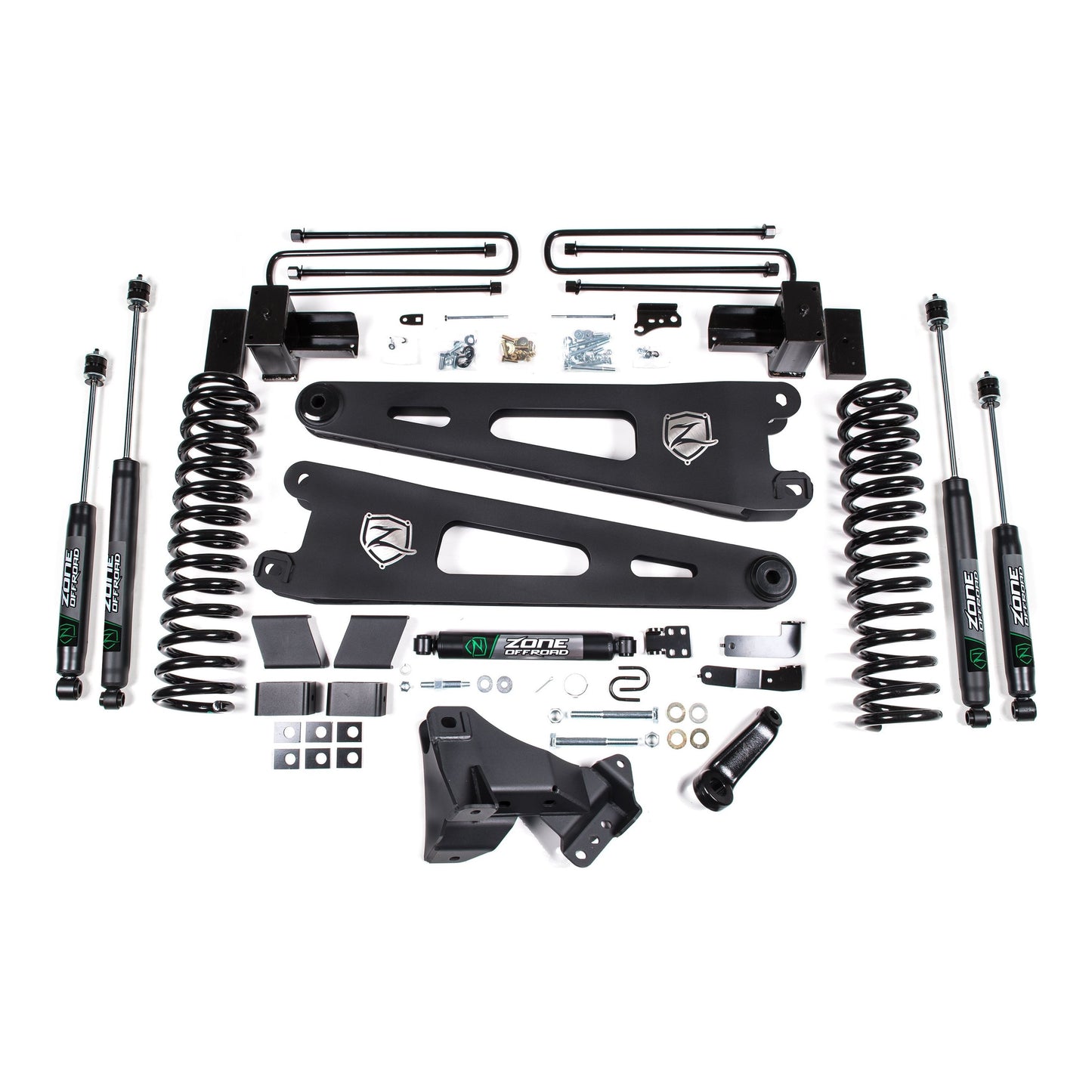 ZONE OFFROAD | 17-19 Ford F-250/350 Super Duty 4 Inch Radius Arm Lift Kit 2 Inch Rear Block Diesel 2 Leaf Main Nitro Shocks Zone Offroad | ZONF108N components