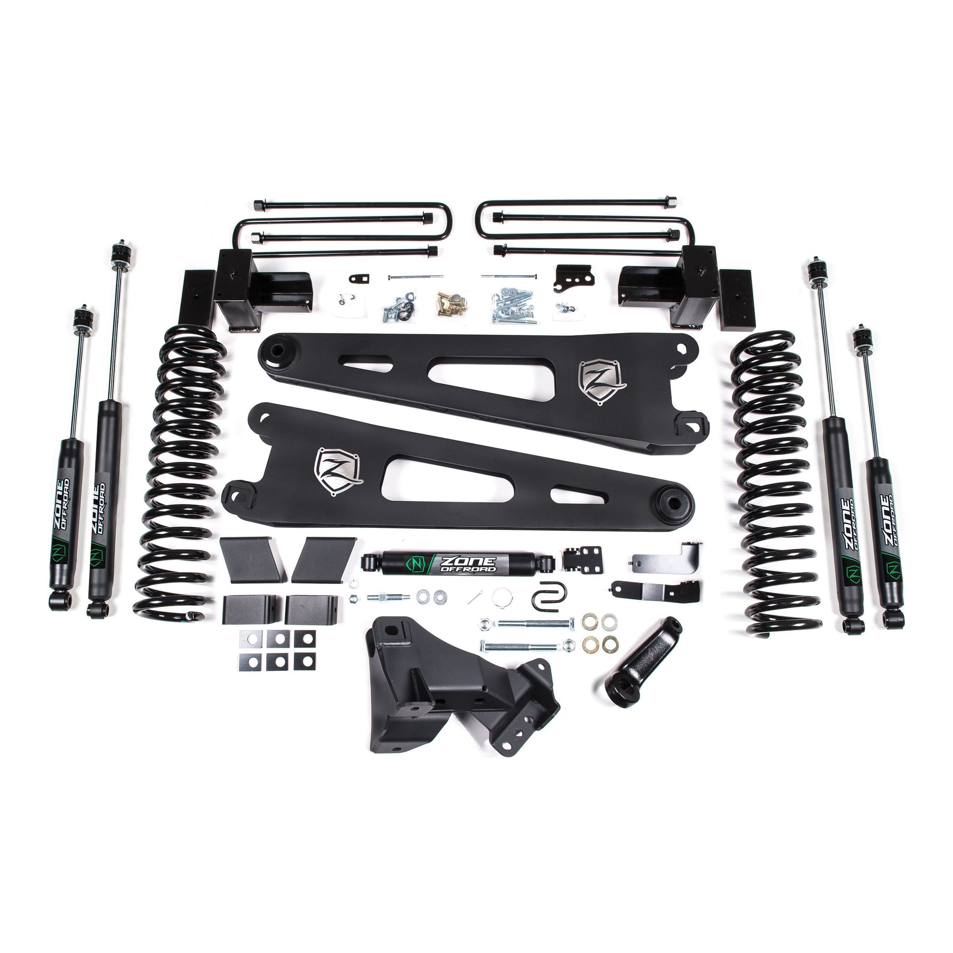 ZONE OFFROAD | 17-19 Ford F-250/350 Super Duty 4 Inch Radius Arm Lift Kit 2 Inch Rear Block Diesel 2 Leaf Main Nitro Shocks Zone Offroad | ZONF108N components