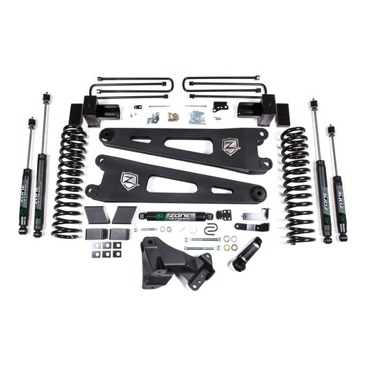 ZONE OFFROAD | 17-19 Ford F-250/350 Super Duty 4 Inch Radius Arm Lift Kit 2 Inch Rear Block Diesel 3 Leaf Main Fox Adventure Shocks Adventure Series Shocks Zone Offroad | ZONF109F components laid out.