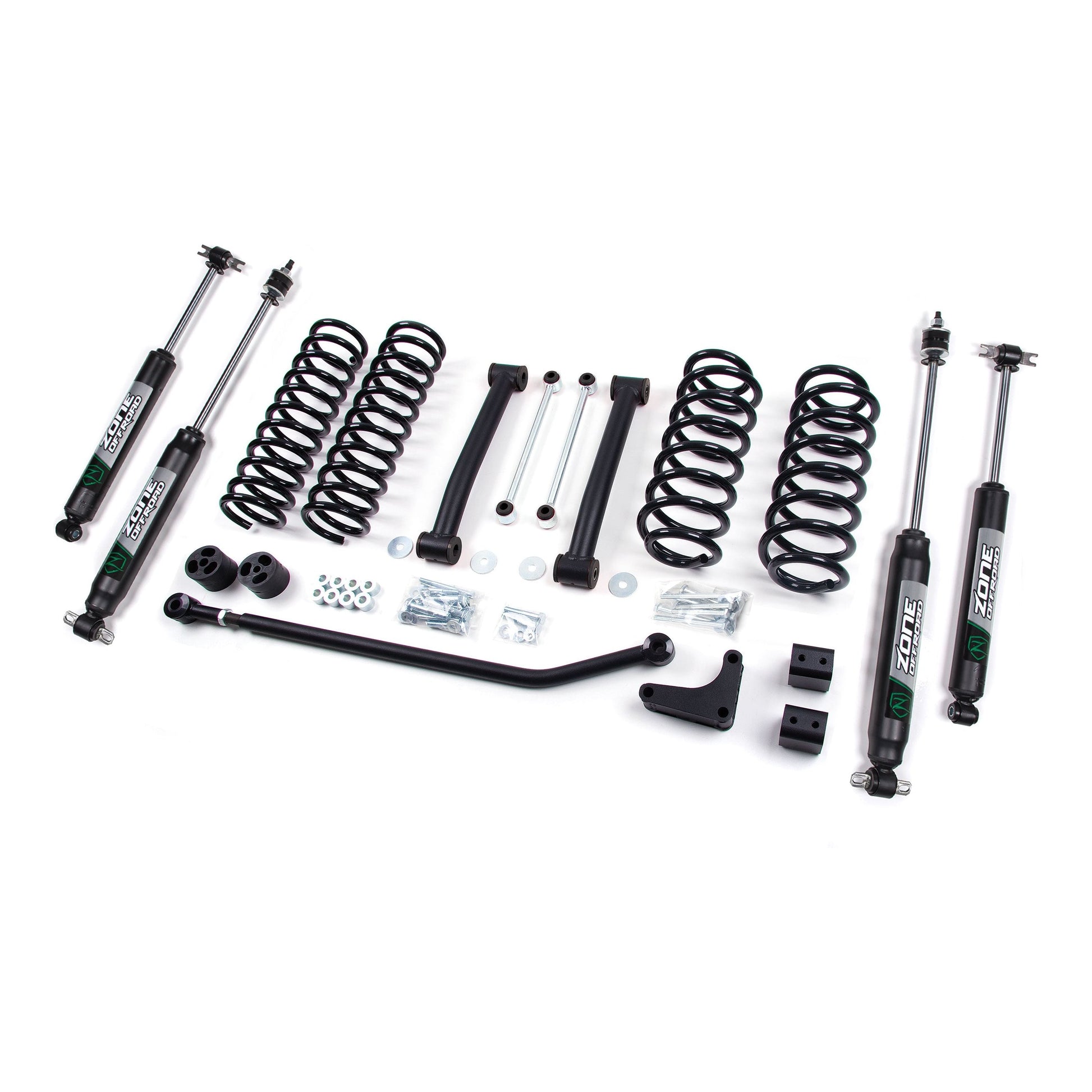 ZONE OFFROAD | 4 Inch Lift Kit I ZONJ17F suspension lift components including shock absorbers and coil springs.