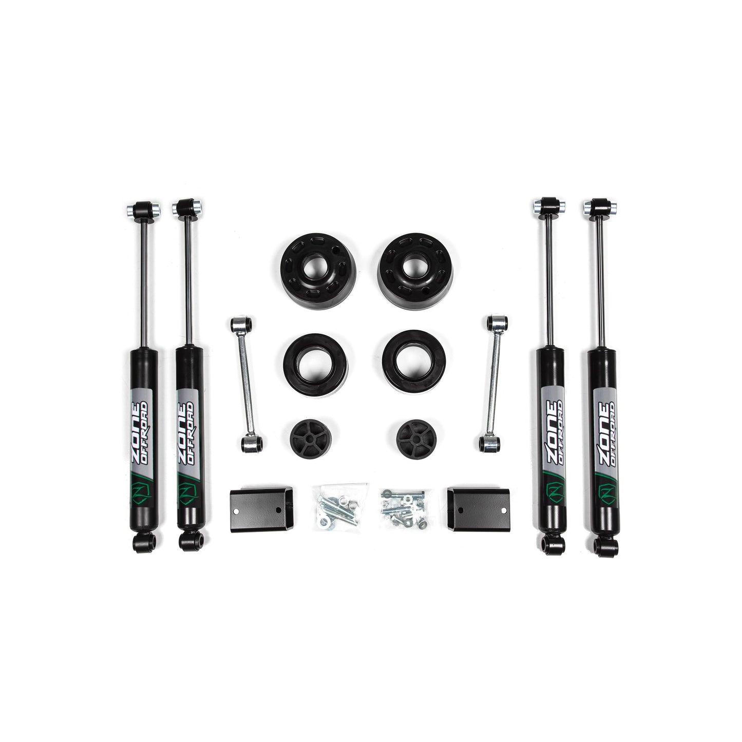 ZONE OFFROAD | 18-24 Jeep Wrangler JL 2 Inch Coil Spring Spacer Lift Kit With Nitro Shocks Zone Offroad | ZONJ30N components flat lay