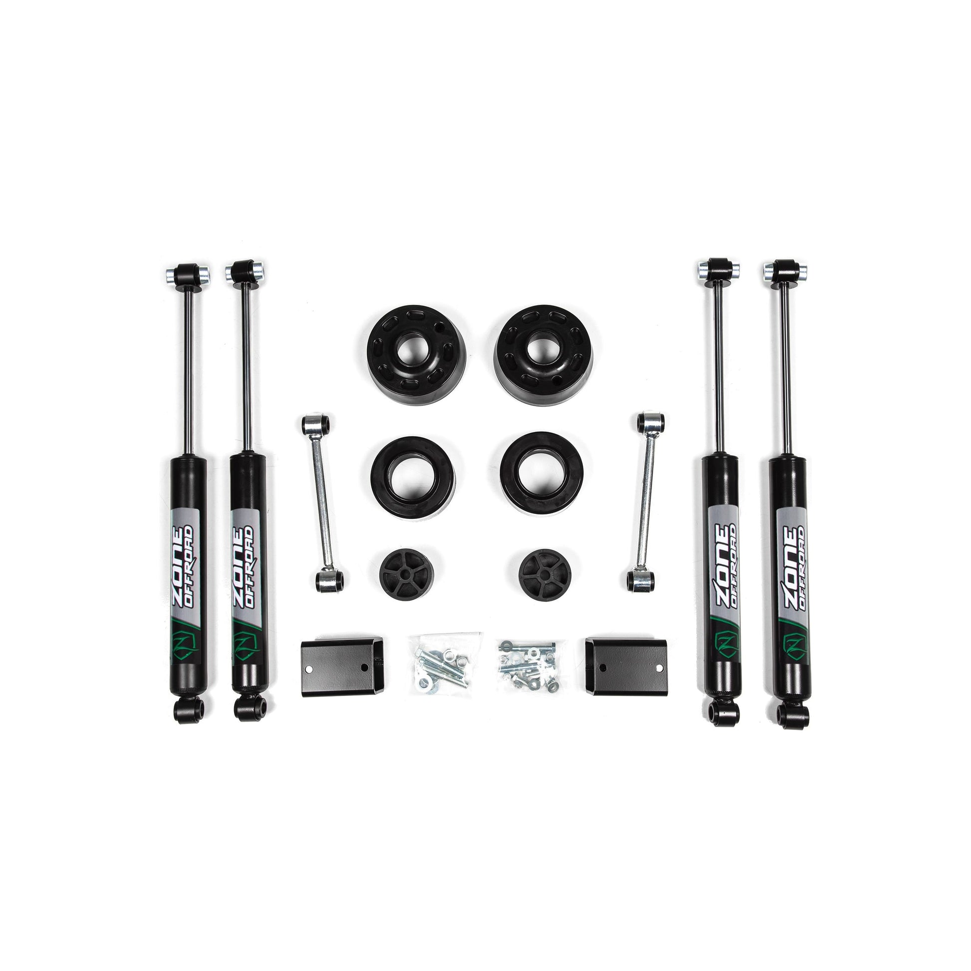 ZONE OFFROAD | 18-24 Jeep Wrangler JL 2 Inch Coil Spring Spacer Lift Kit With Nitro Shocks Zone Offroad | ZONJ30N components flat lay