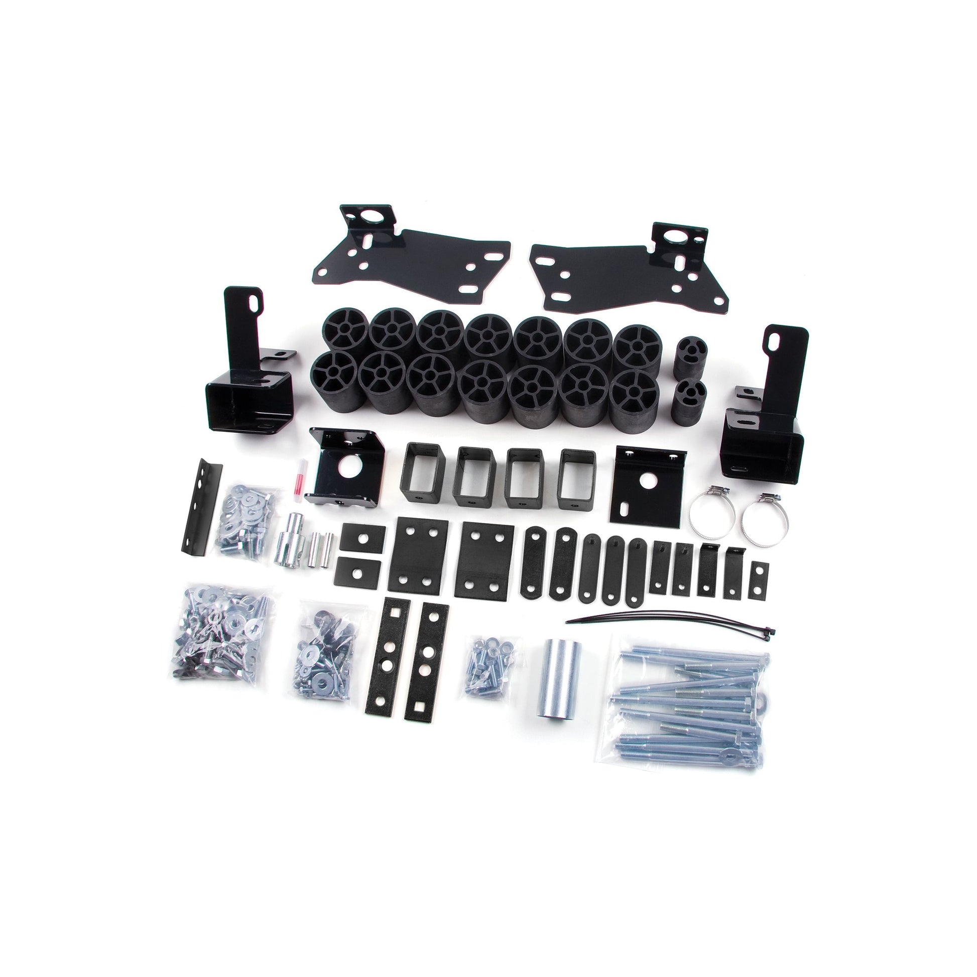 ZONE OFFROAD | 3 Inch Body Lift I ZONC9353 installation components and hardware layout for truck lift kit.