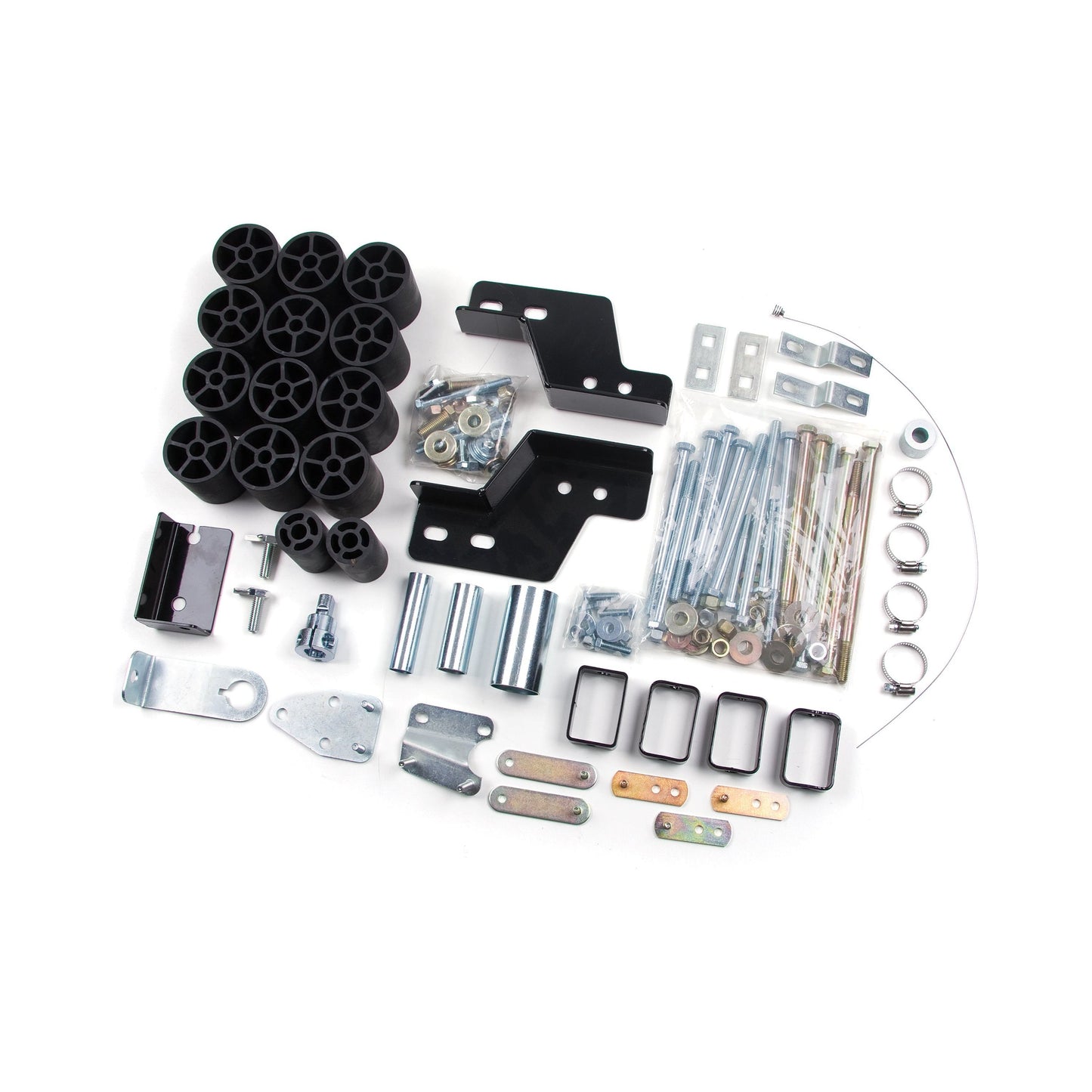 ZONE OFFROAD |  3" Body Lift   I ZONF9384 body lift kit parts including brackets and crush proof blocks in an organized layout.