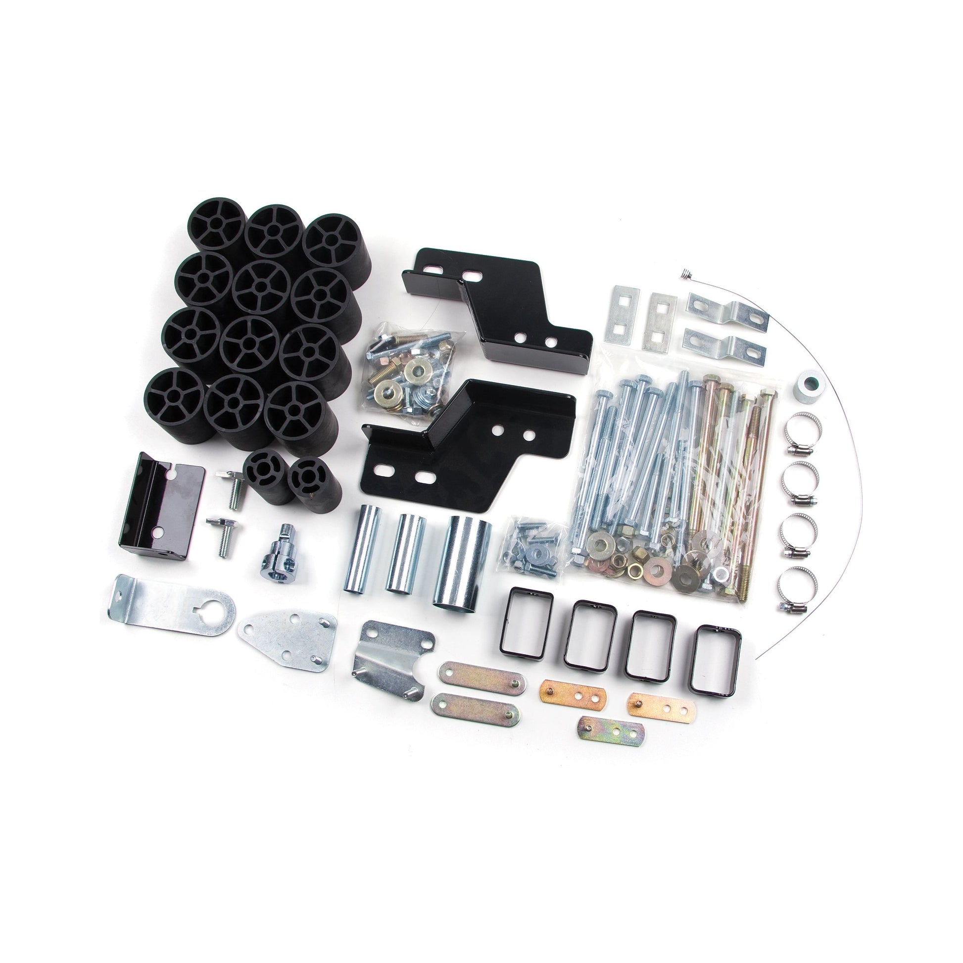 ZONE OFFROAD |  3" Body Lift   I ZONF9384 body lift kit parts including brackets and crush proof blocks in an organized layout.