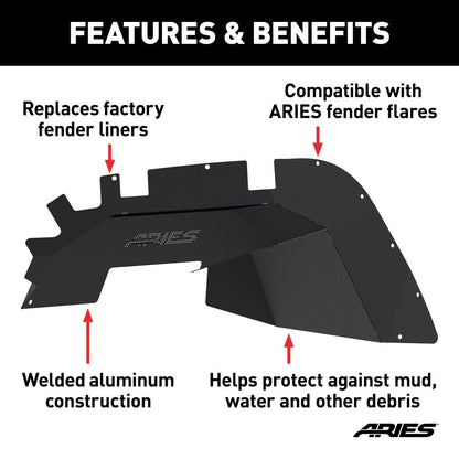 Aries Automotive Aluminum Front & Rear Inner Fender Liners (Black) for 2018-C JL-JLU 2500650