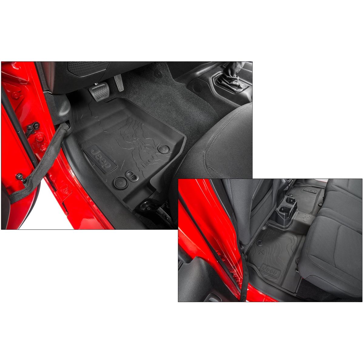 Mopar All-Weather Front & Rear Floor Liner Set (Red logo) for 2018-C Jeep Wrangler JLU 4 Door Models 82216623AA